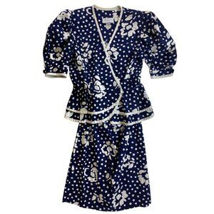 Vintage Bobbie Bee 2-Piece Navy Polka Dot Floral Wrap Top Skirt Set Eighties  12